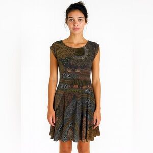 Desigual Patchwork Boho Fit and Flare Dress SMulticolor Mandala Knit Mesh